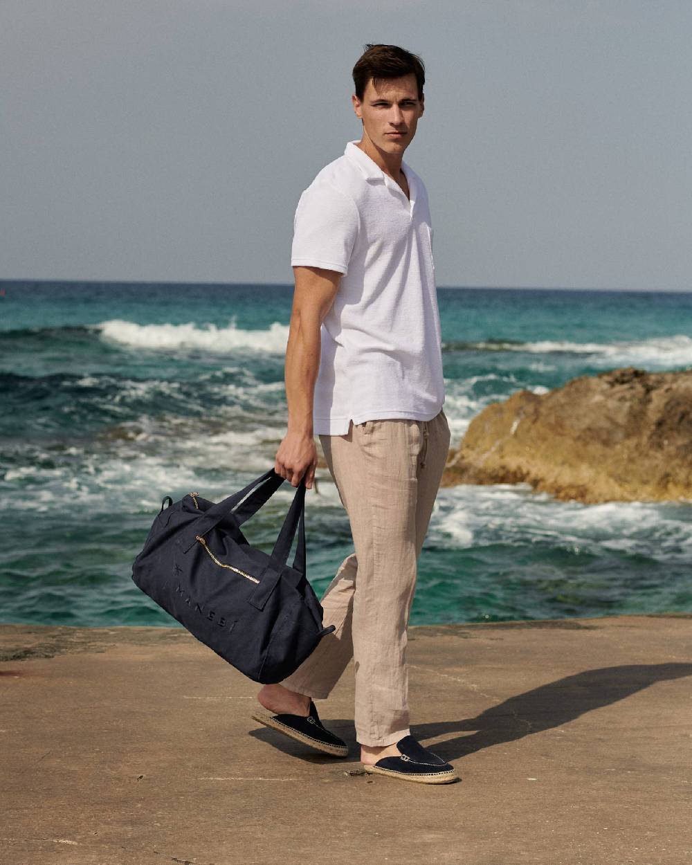 Manebí Organic Terry Cotton Olive Polo Shirt - Short Sleeves White Vendita Calda