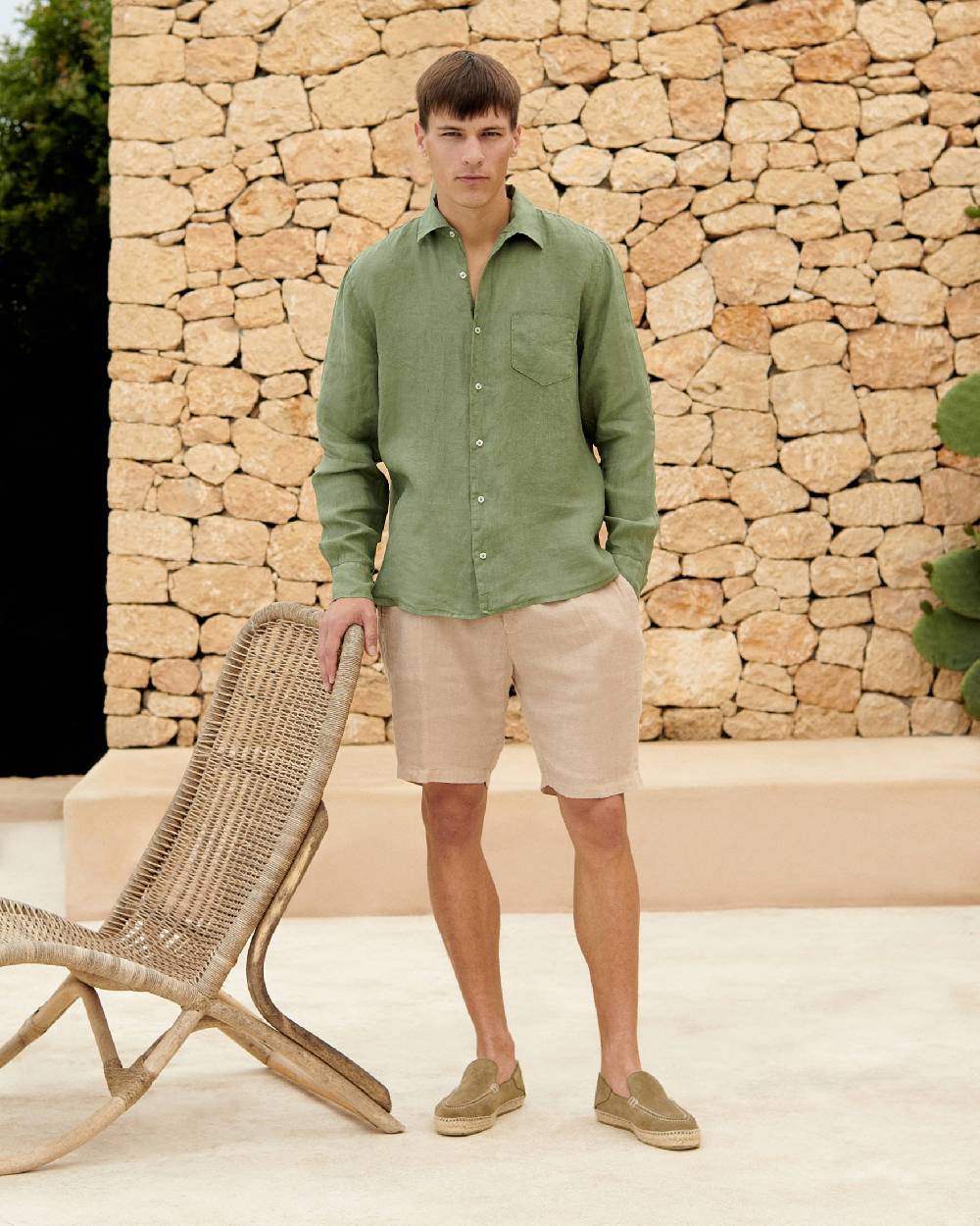 Manebí Positano Shorts - Washed Linen - Kaki Beige Vendita Economica