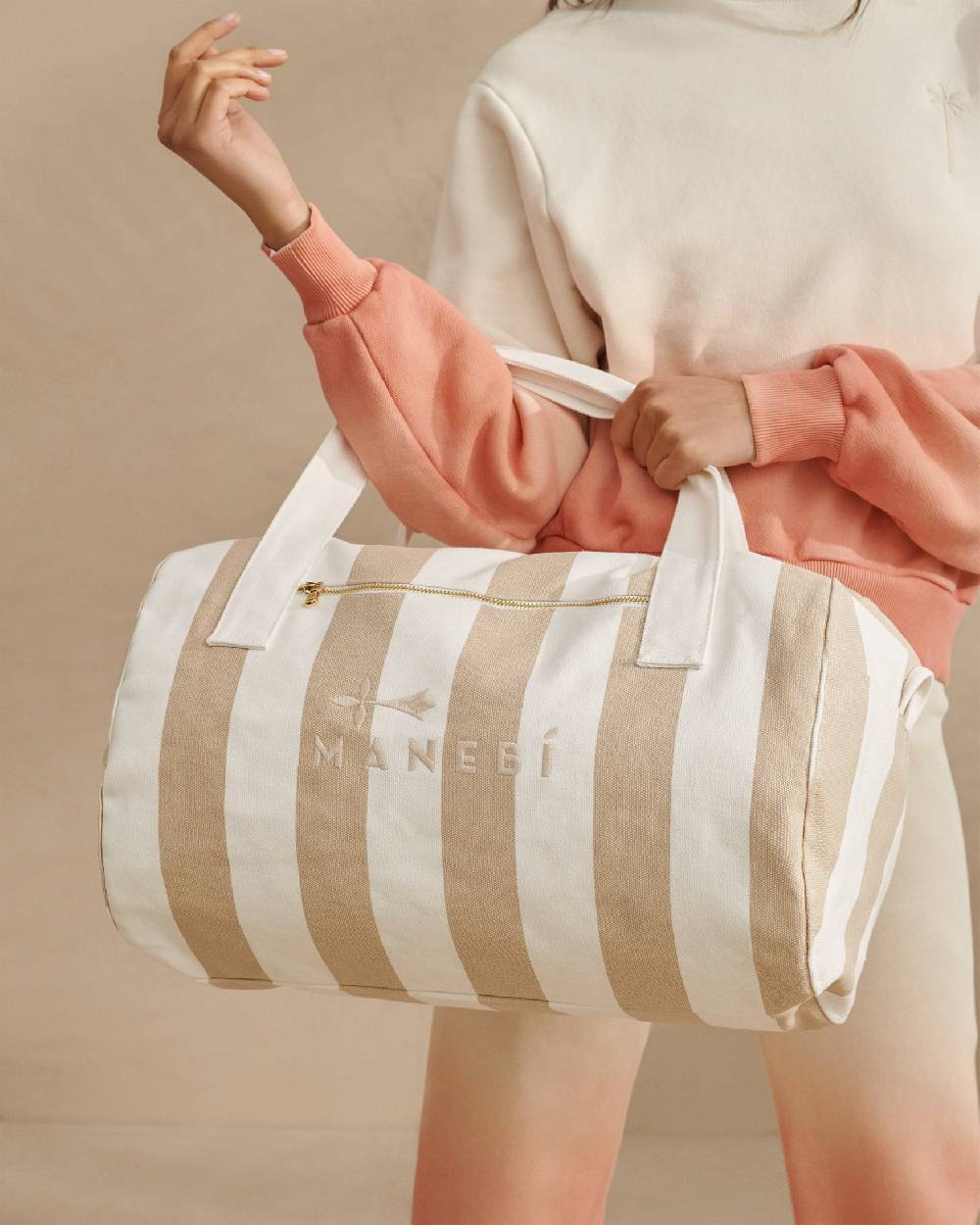 Manebí Canvas Weekend Bag - Embroidered Logo White and Beige Stripes Saldi Di Fabbrica