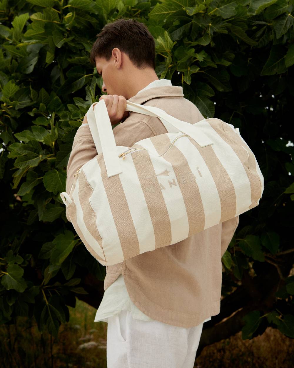 Manebí Canvas Weekend Bag - Embroidered Logo White and Beige Stripes Saldi Di Fabbrica