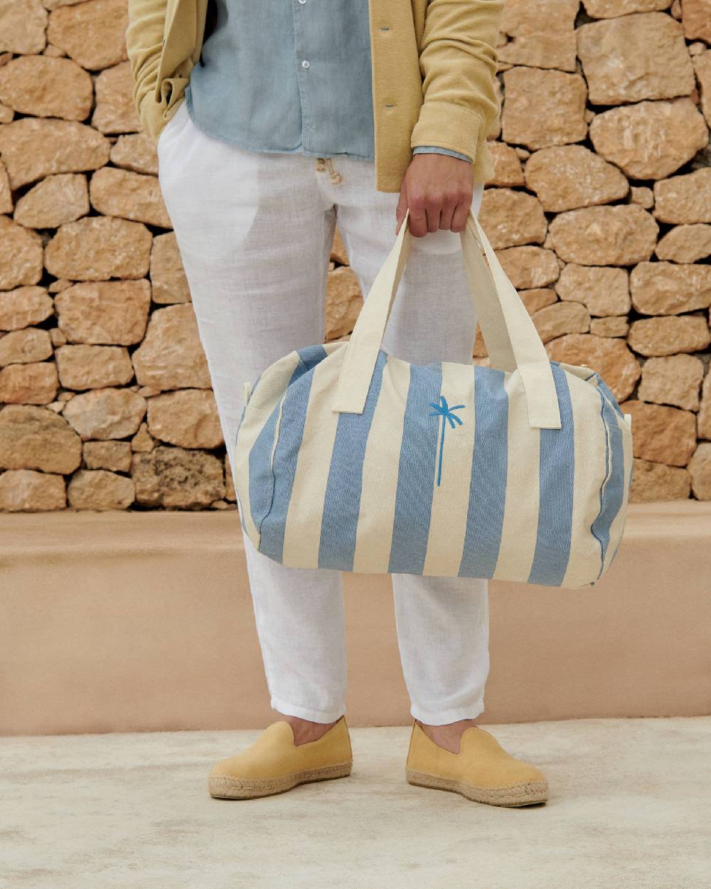 Manebí Canvas Weekend Bag - Embroidered Logo White and Indigo Stripes Moda