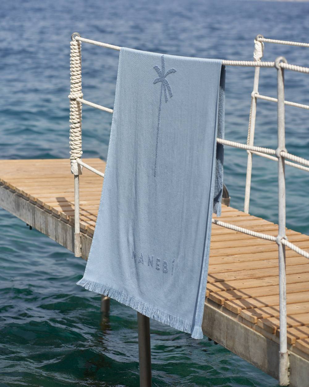 Manebí Jaquard Beach Towel - Embroidered Palm With Palm \u0026 Logo Indigo 2025