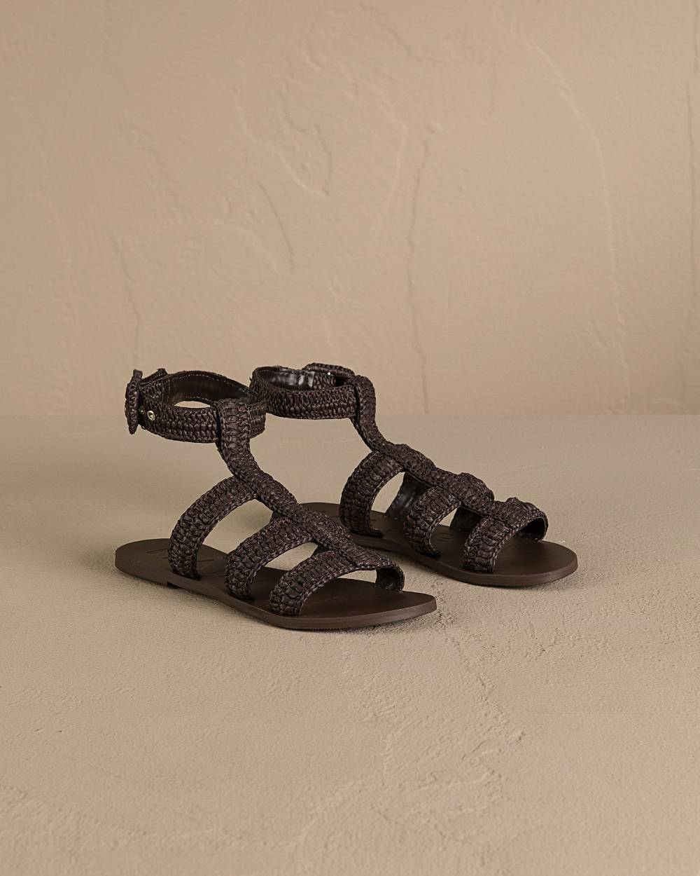 Manebí Raffia Stripes Gladiator|Leather Sandals - Cocoa Qualità