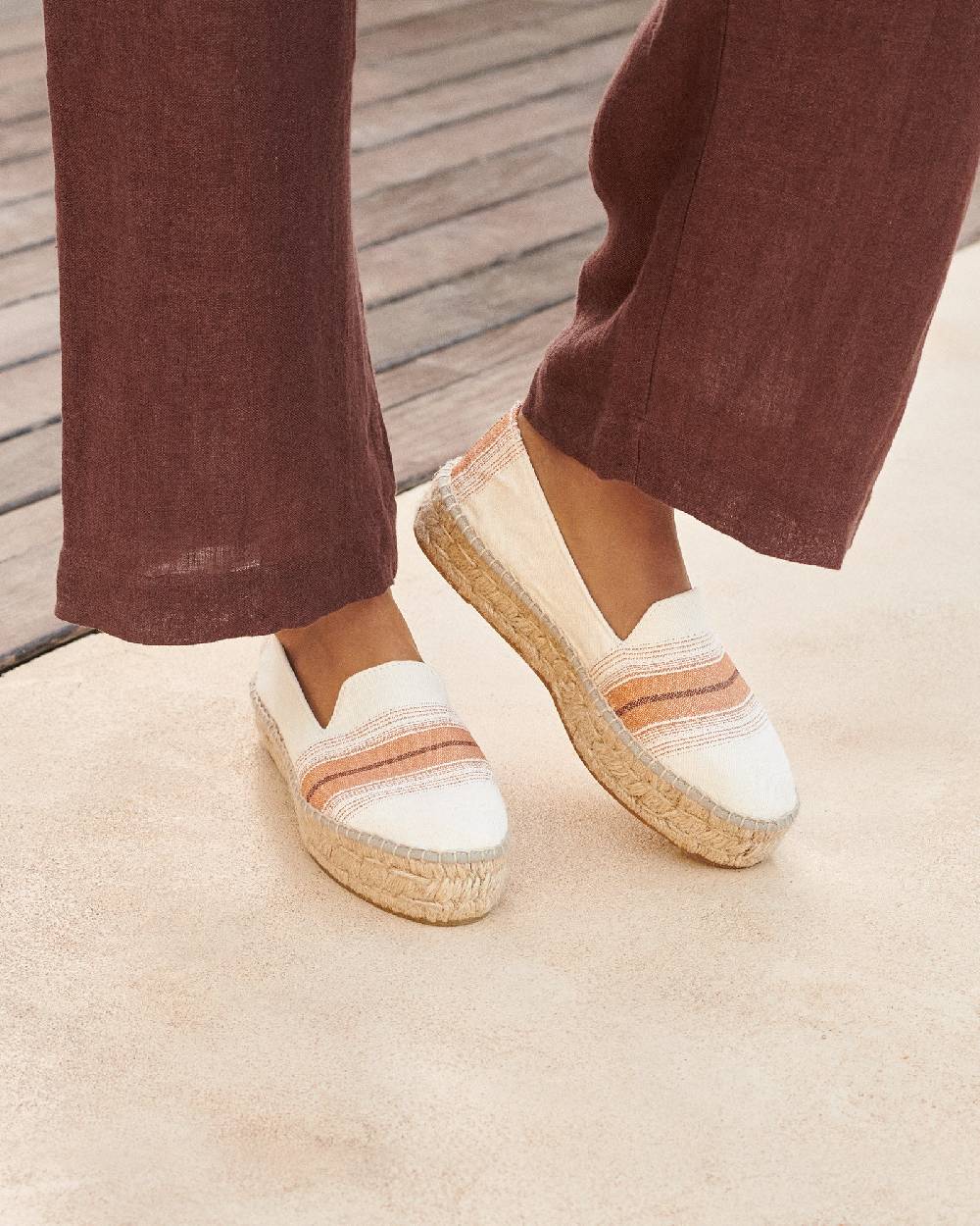 Manebí Cotton Linen And Silk Raw Fabric|Double Sole Espadrilles - Rust Macro Stripe Qualità Garantita