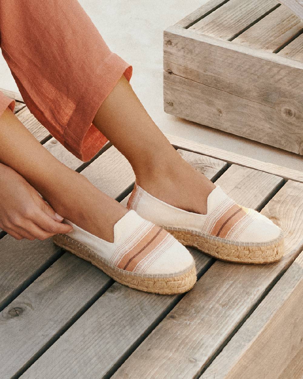 Manebí Cotton Linen And Silk Raw Fabric|Double Sole Espadrilles - Rust Macro Stripe Qualità Garantita