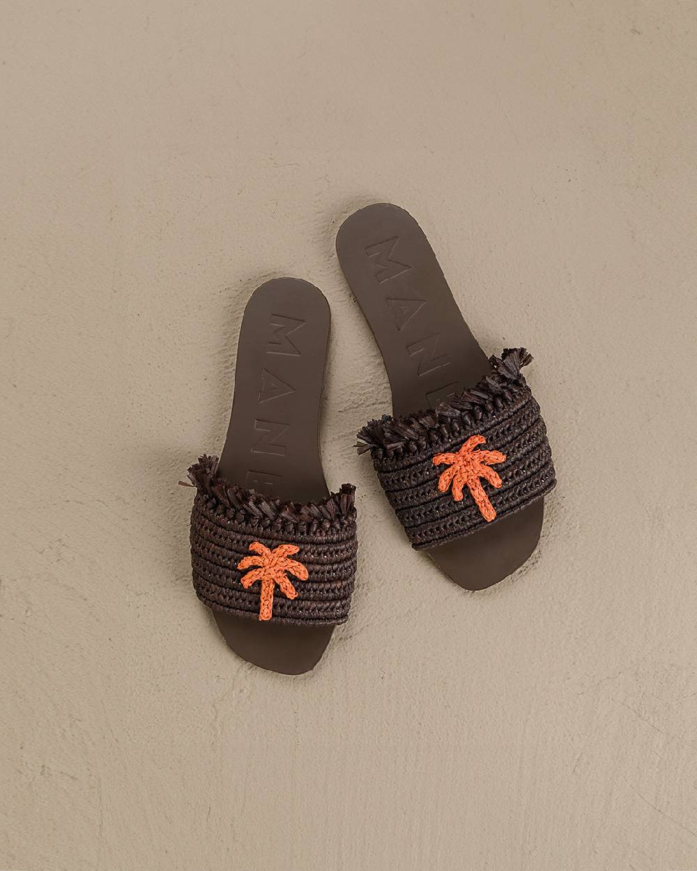 Manebí Fringed Knots Raffia|and Leather Sandals - Yucatán Cocoa With Orange Dust Palm Consegna Veloce