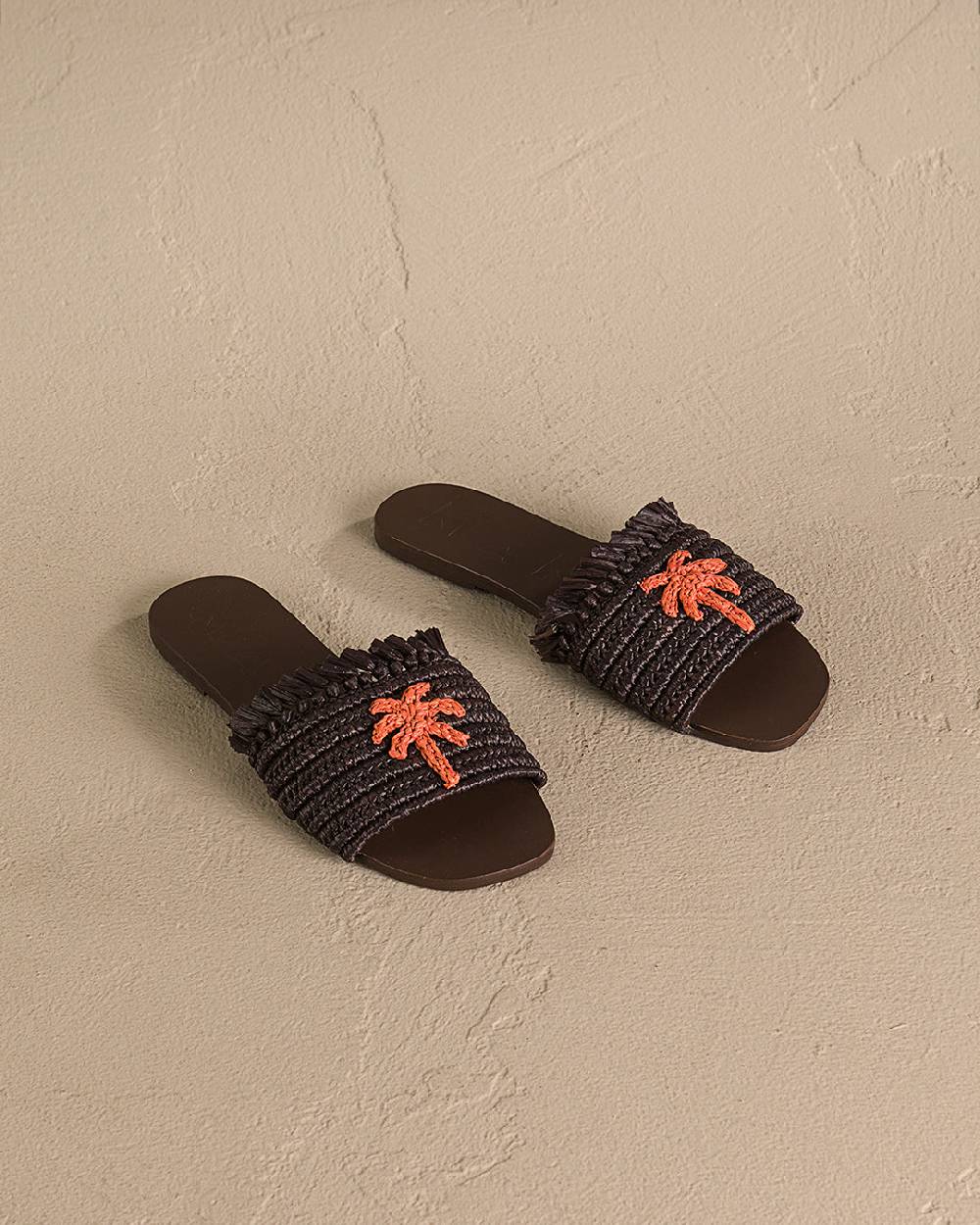 Manebí Fringed Knots Raffia|and Leather Sandals - Yucatán Cocoa With Orange Dust Palm Consegna Veloce