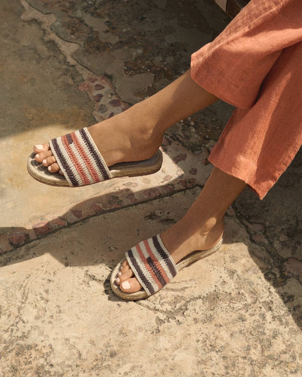 Manebí Cotton Crochet Jute Sandals - Cocoa \u0026 Orange Rust Stripes Fino Al -60%