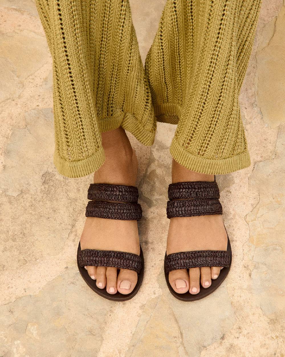 Manebí Raffia Stripes Leather|Three Bands Sandals - Cocoa Economico