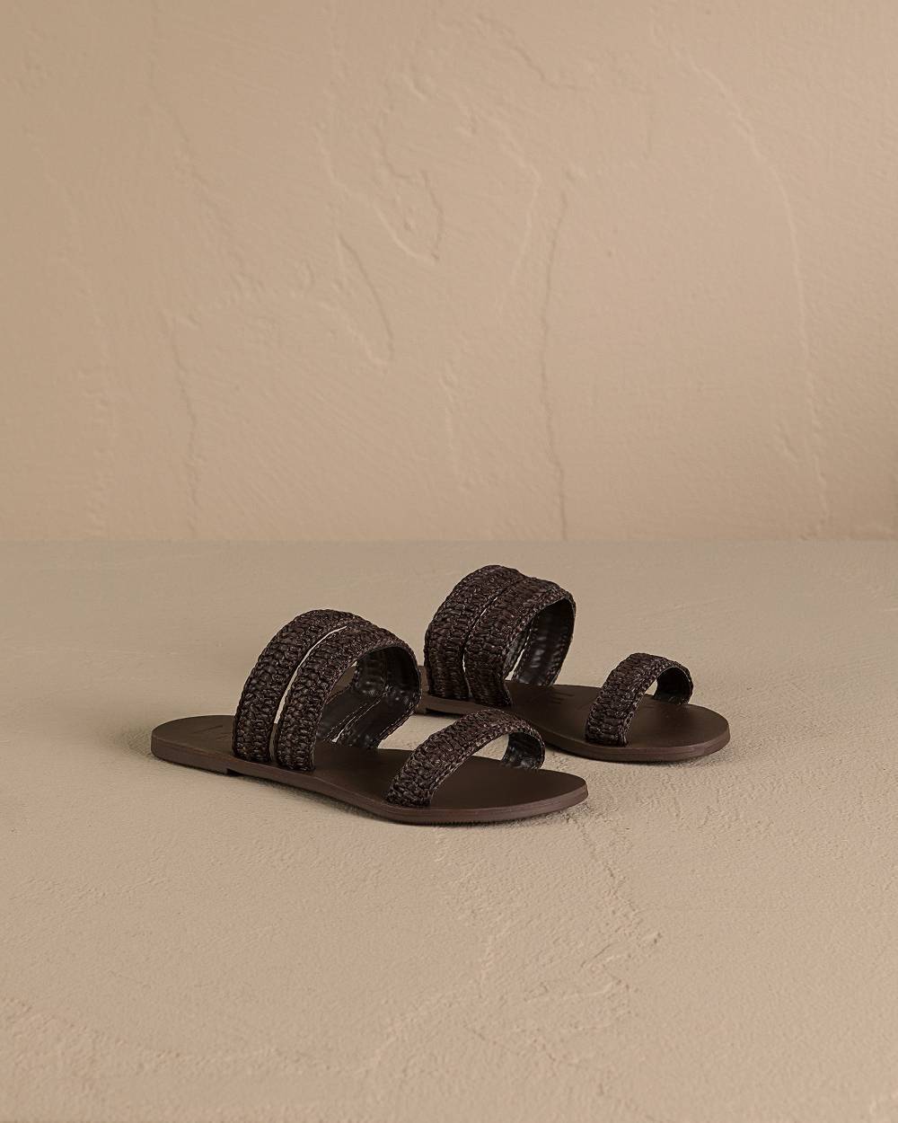 Manebí Raffia Stripes Leather|Three Bands Sandals - Cocoa Economico