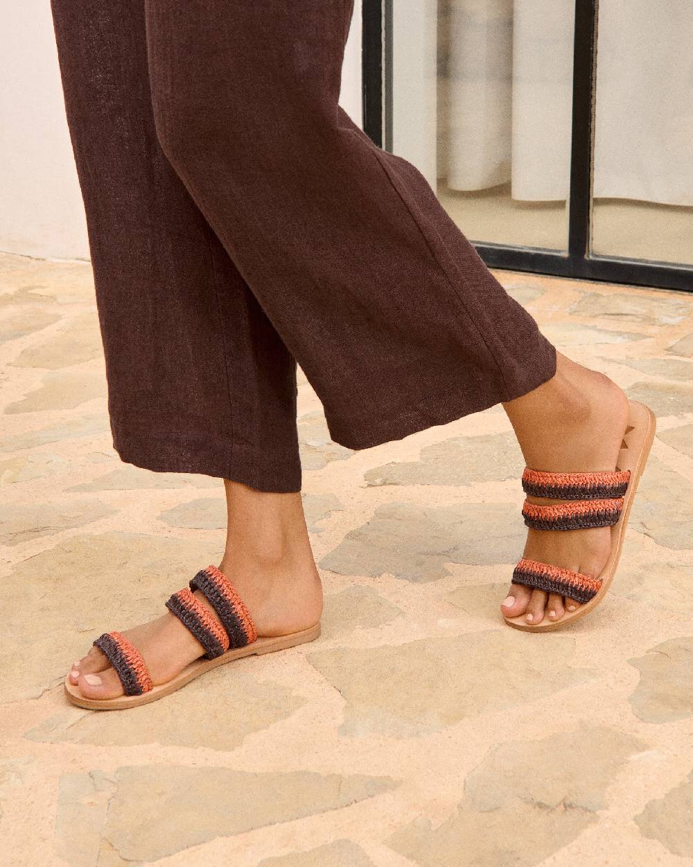 Manebí Raffia Stripes Leather|Three Bands Sandals - Orange Rust \u0026 Cocoa In Vendita