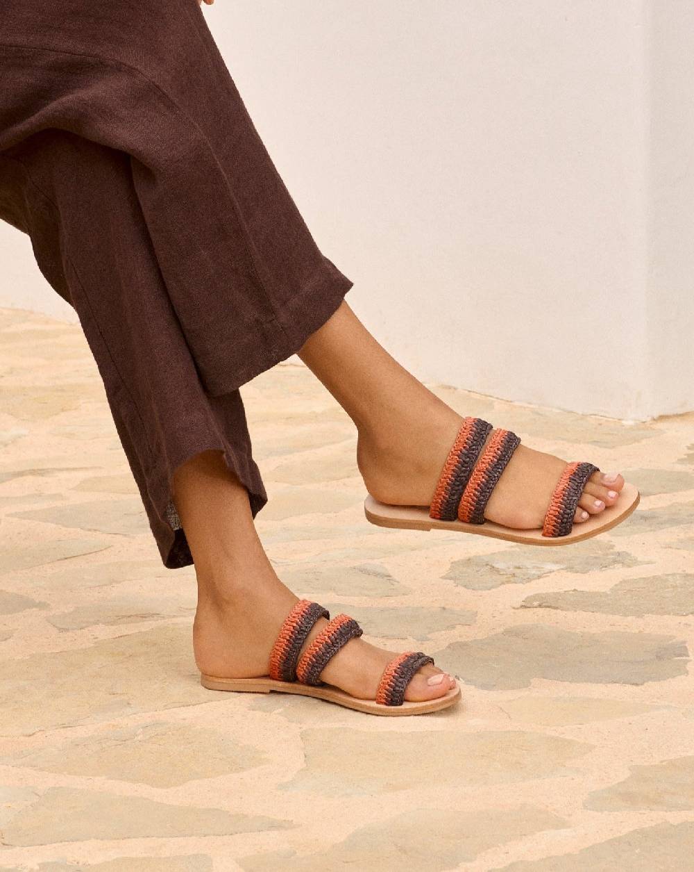 Manebí Raffia Stripes Leather|Three Bands Sandals - Orange Rust \u0026 Cocoa In Vendita