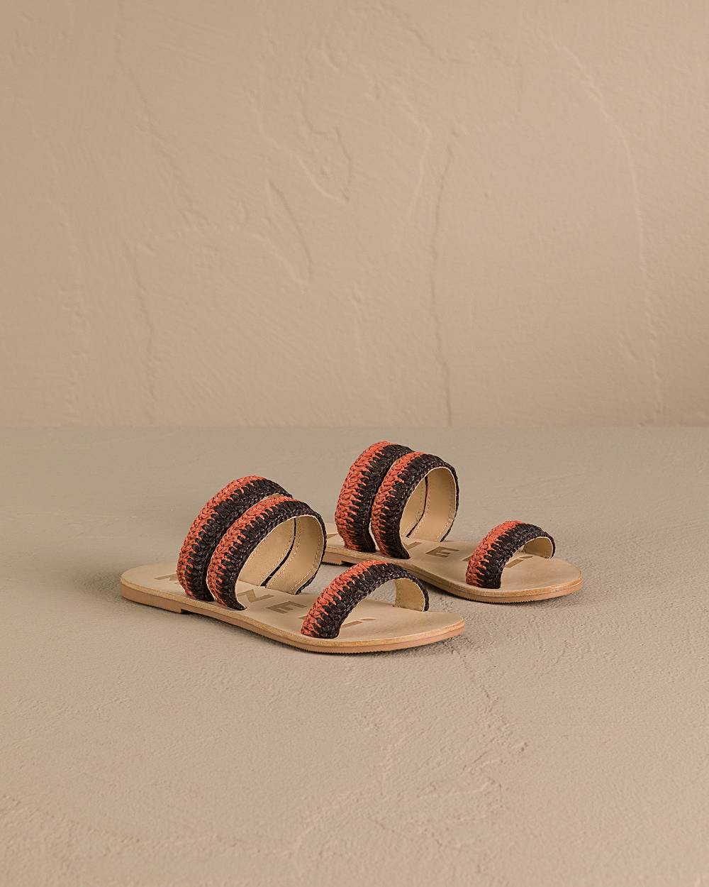 Manebí Raffia Stripes Leather|Three Bands Sandals - Orange Rust \u0026 Cocoa In Vendita