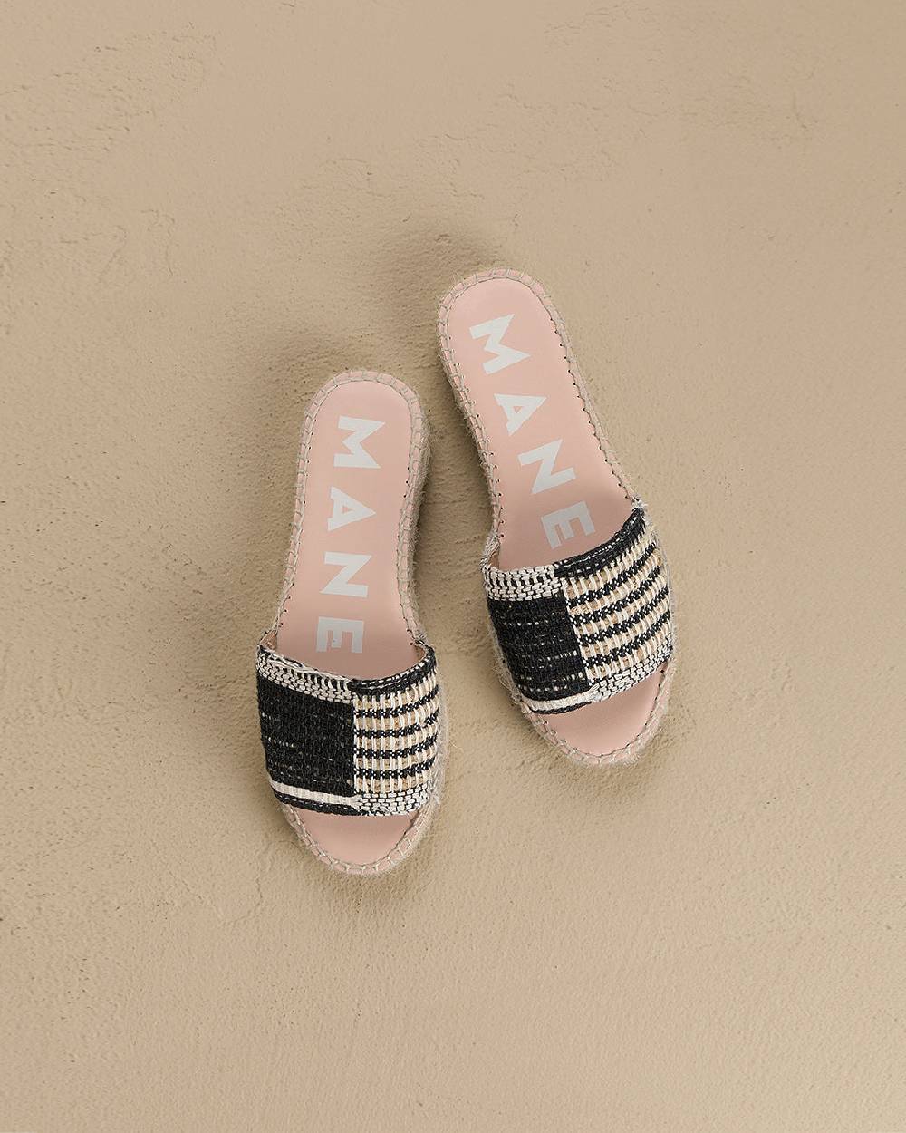 Manebí Silk And Cotton Patchwork|Double Sole Slides - Yucatán White Natural And Black Vendita Calda
