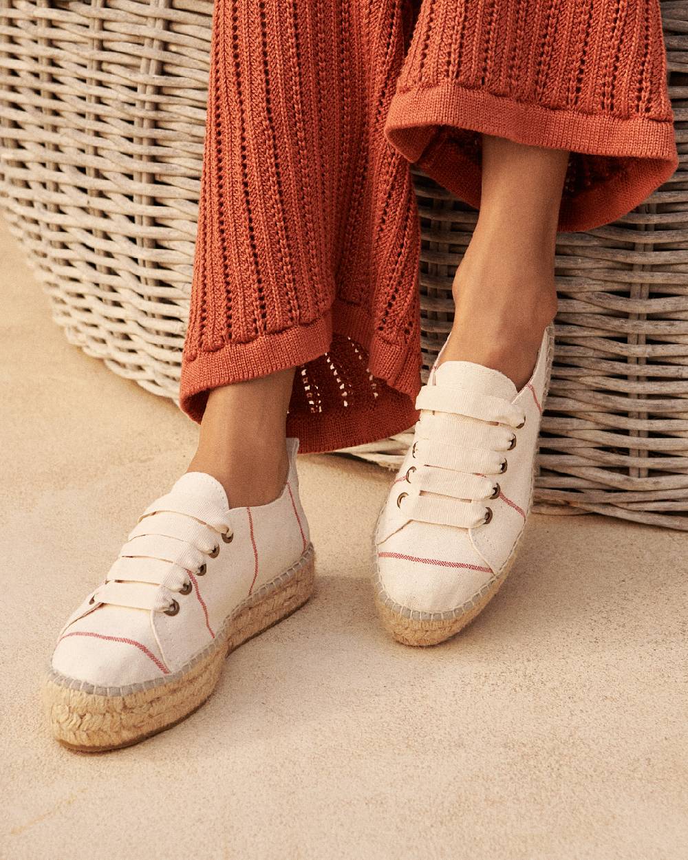 Manebí Woven Canvas|Lace-Up Espadrilles - Red Micro Stripes On Beige 50% di sconto per tempo limitato
