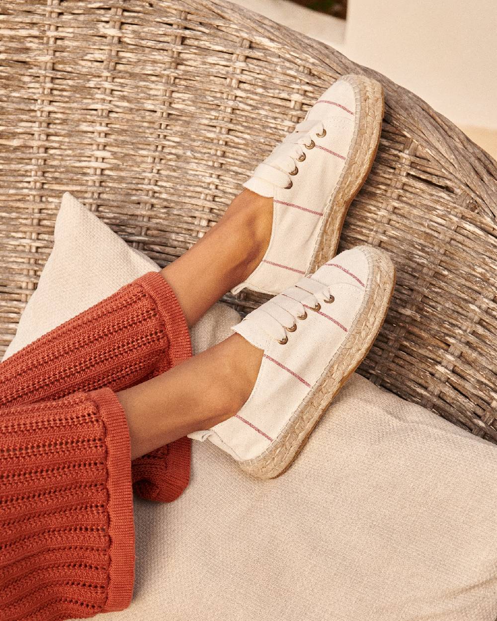 Manebí Woven Canvas|Lace-Up Espadrilles - Red Micro Stripes On Beige 50% di sconto per tempo limitato