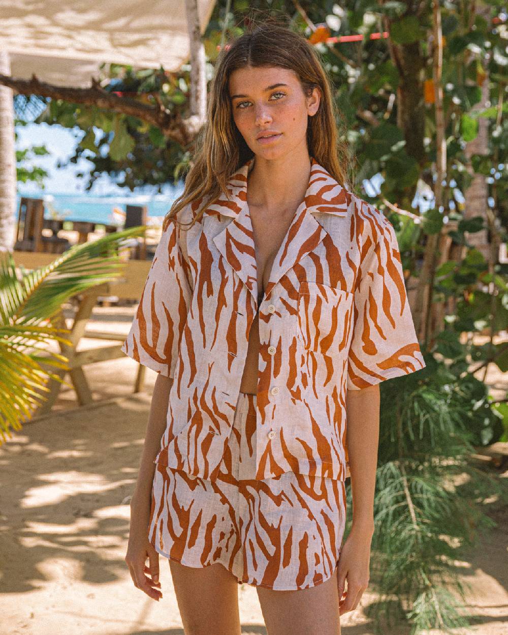 Manebí Printed Linen Cumana Shirt - Eggnog \u0026 Orange Rust Zebra In Saldo