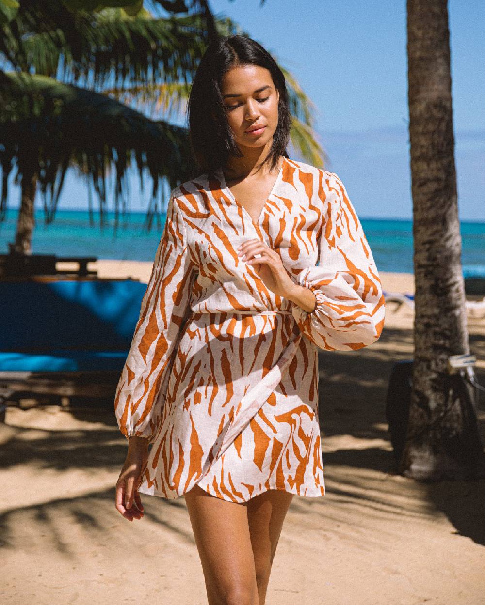 Manebí Printed Linen Caracas Dress - Eggnog \u0026 Orange Rust Zebra In Linea