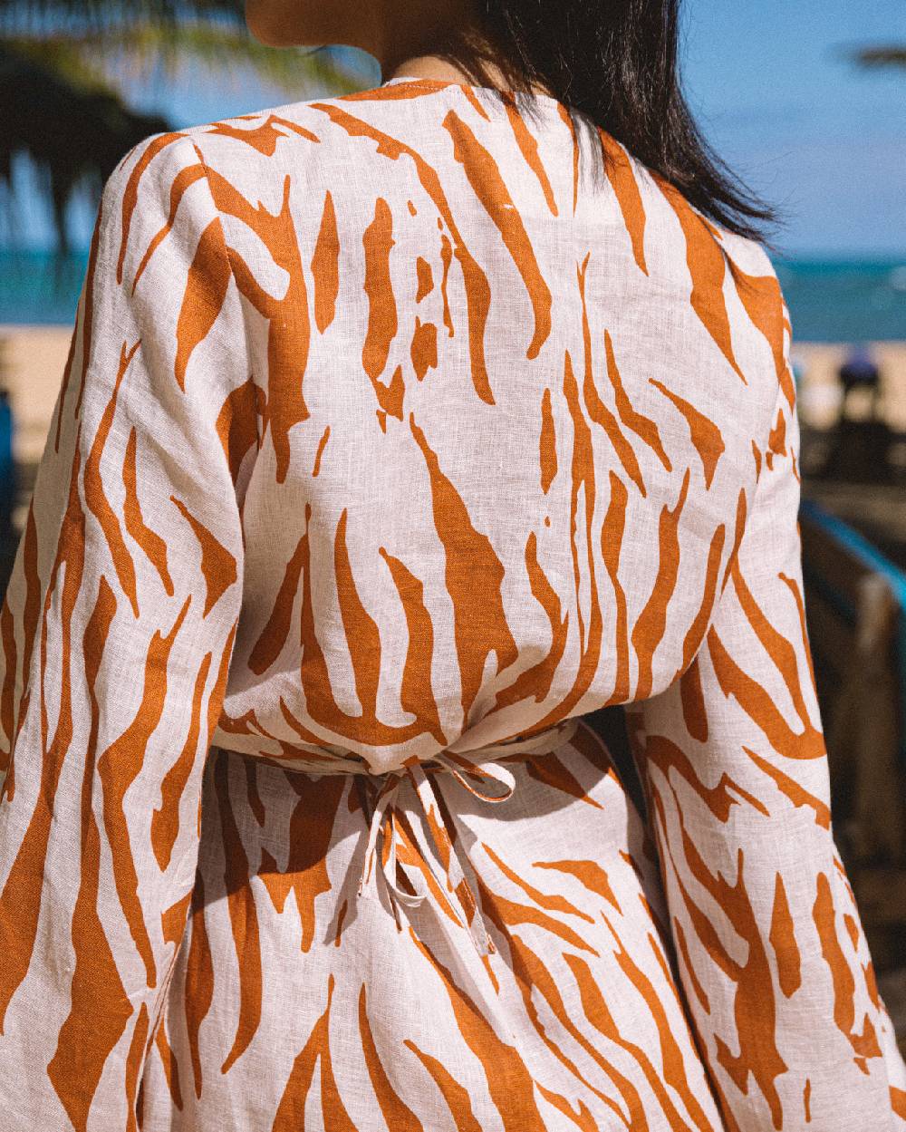 Manebí Printed Linen Caracas Dress - Eggnog \u0026 Orange Rust Zebra In Linea