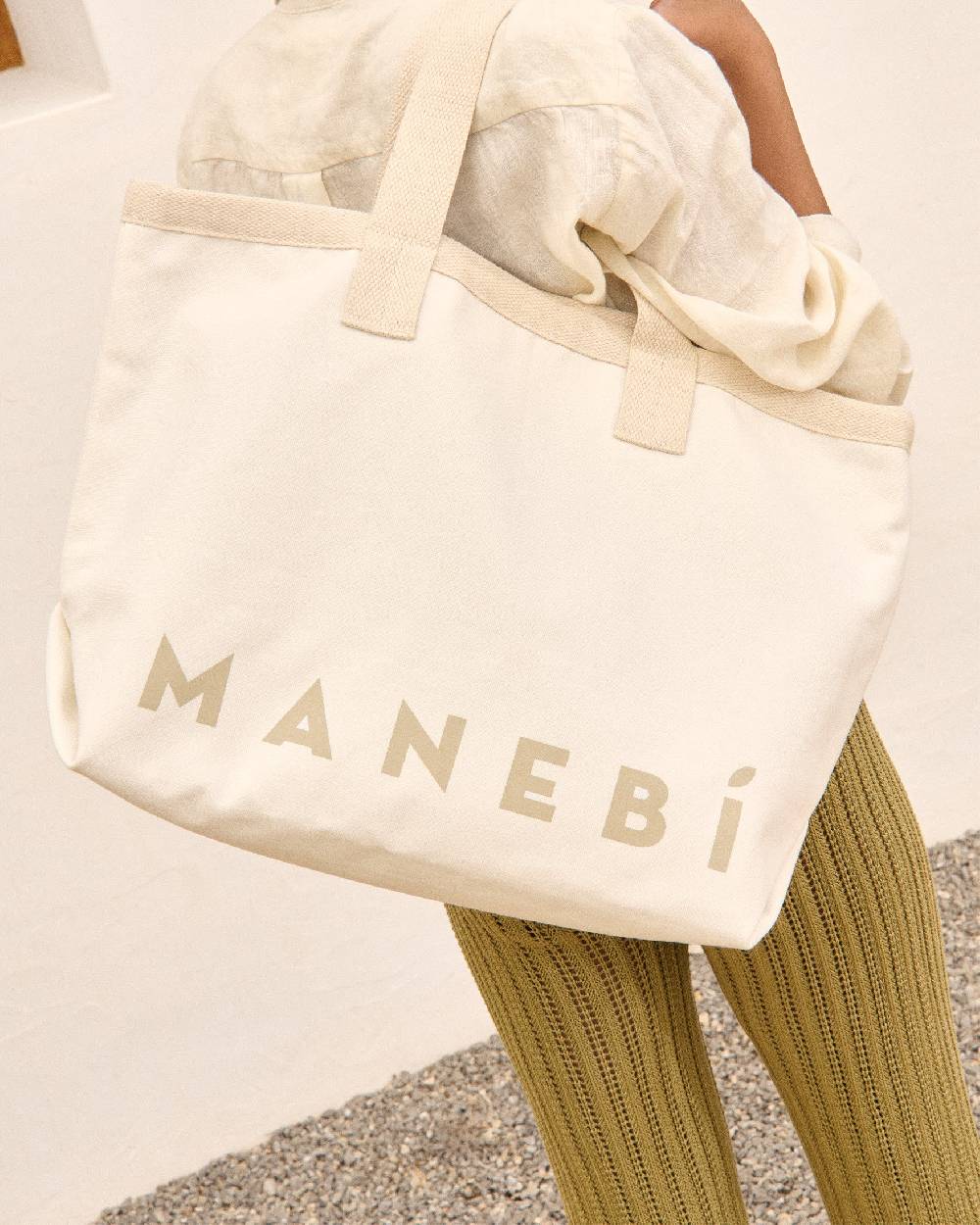 Manebí Canvas California Tote Bag - White With Beige Logo Affare Del Giorno