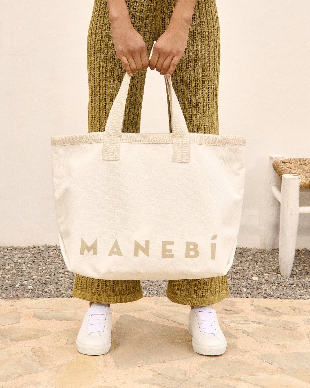 Manebí Canvas California Tote Bag - White With Beige Logo Affare Del Giorno