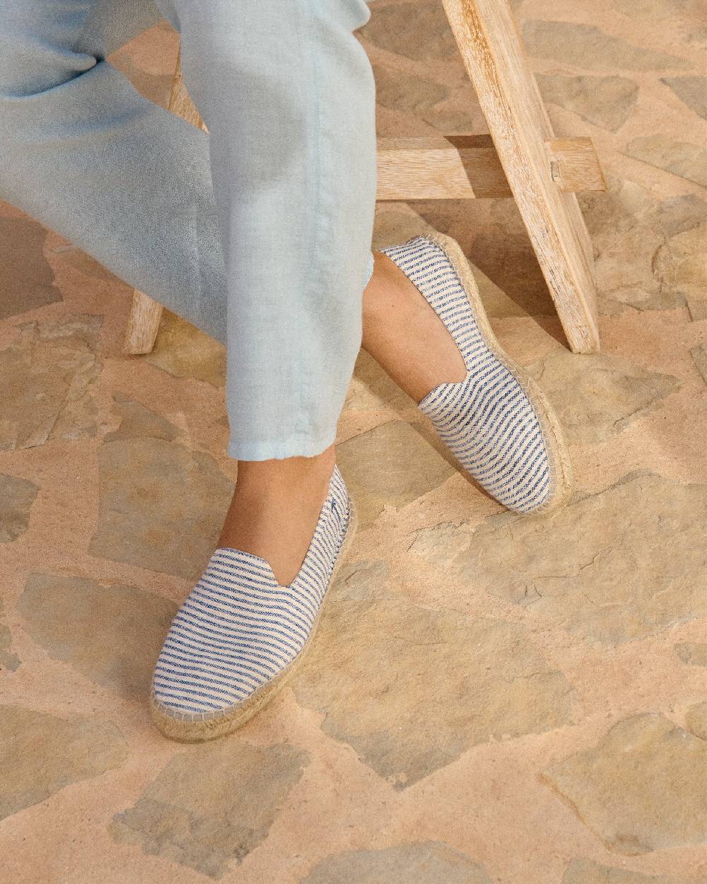 Manebí Recycled Cotton Canvas Espadrilles - Navy Blue Micro Stripes On Beige Sottocosto