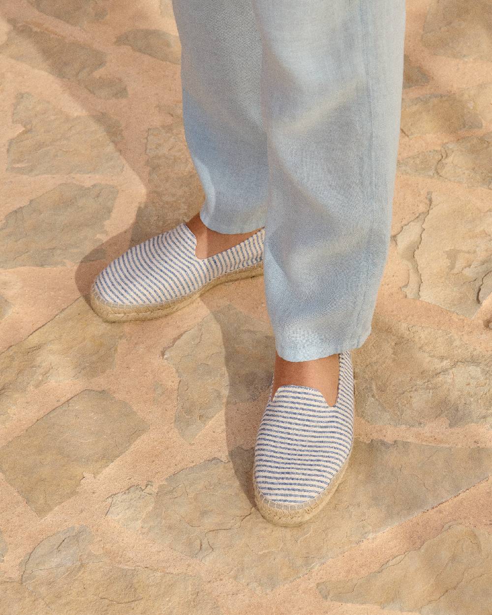 Manebí Recycled Cotton Canvas Espadrilles - Navy Blue Micro Stripes On Beige Sottocosto