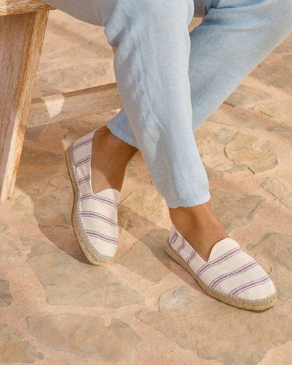 Manebí Recycled Cotton Canvas Espadrilles - Red \u0026 Navy Blue Micro Stripes On Beige Presa