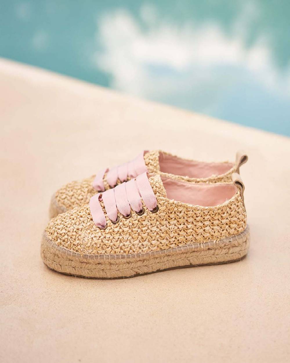 Manebí Raffia Lace-Up Espadrilles - Pink, Light Blue \u0026 Pastel Rose Laces Raffia Net Offerta