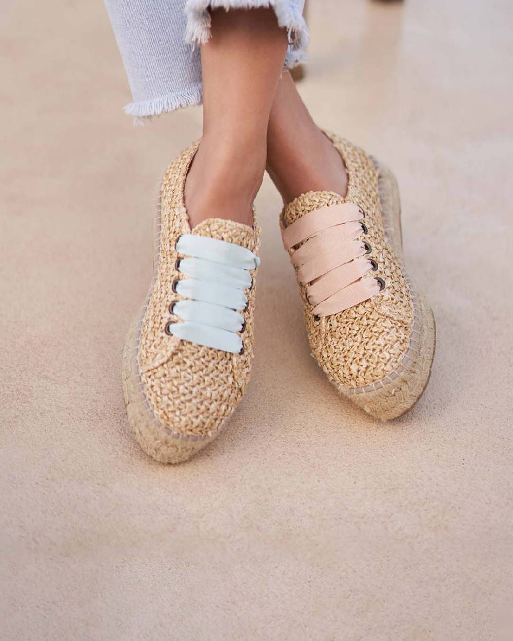 Manebí Raffia Lace-Up Espadrilles - Pink, Light Blue \u0026 Pastel Rose Laces Raffia Net Offerta