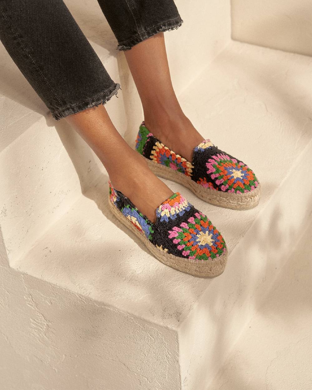 Manebí Cotton Crochet Double Sole Espadrilles - Yucatán Orange And Pink On Black Outlet