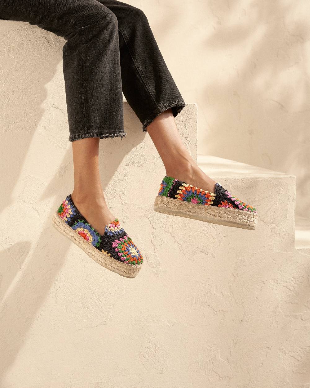 Manebí Cotton Crochet Double Sole Espadrilles - Yucatán Orange And Pink On Black Outlet
