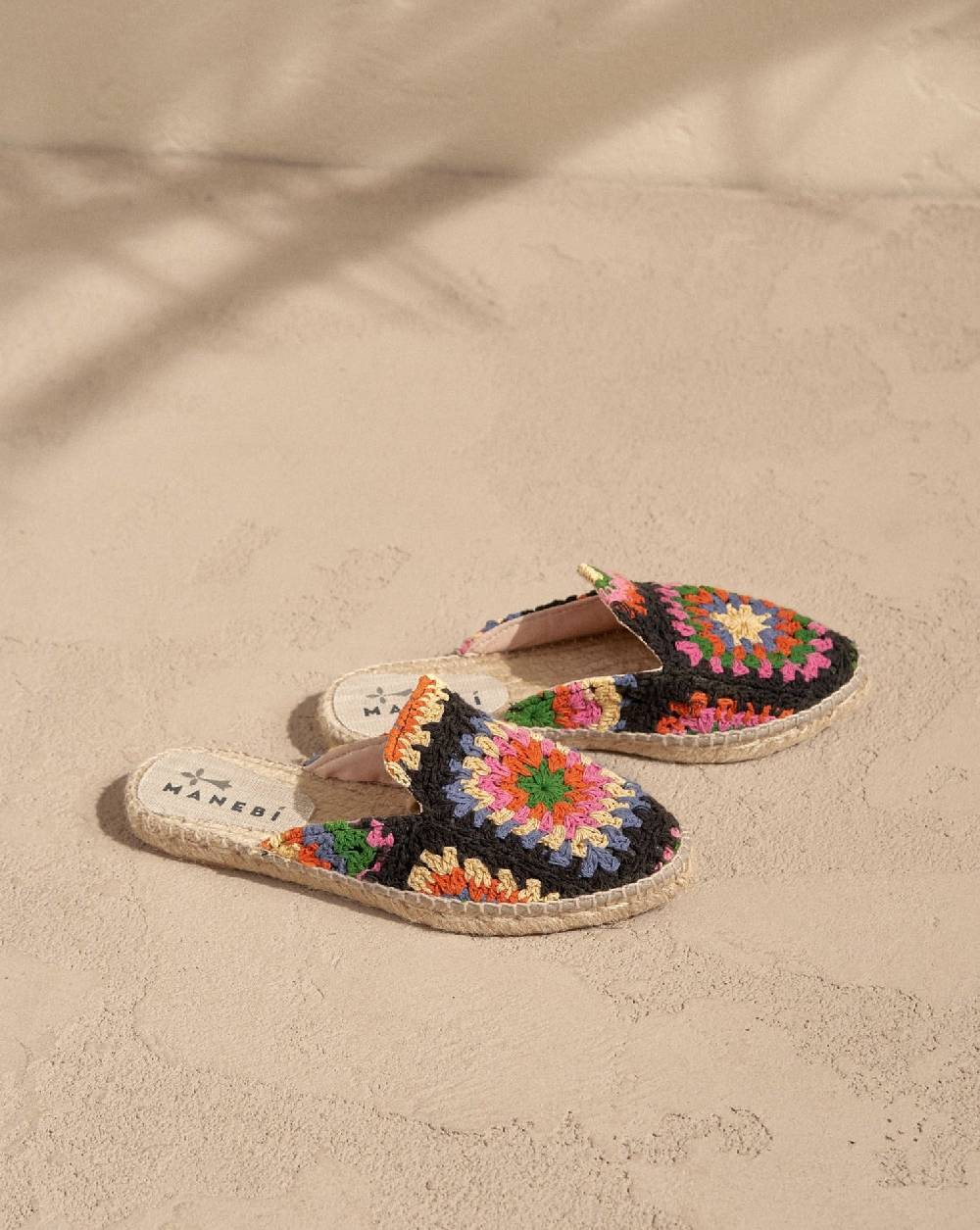 Manebí Cotton Crochet Mules - Yucatán Orange And Pink On Black Promozione