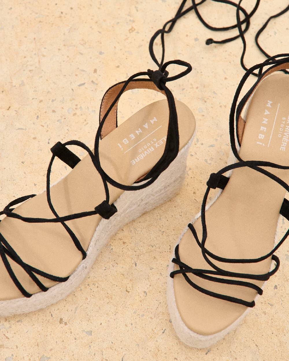Manebí Portofino Soft Suede|Wedge Espadrilles - Lace-Up Black Economico