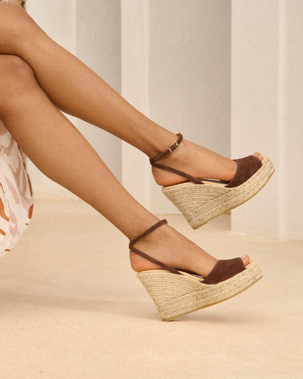 Manebí Viky Soft Suede Open Toe|Wedge Espadrilles - Tobacco In Vendita