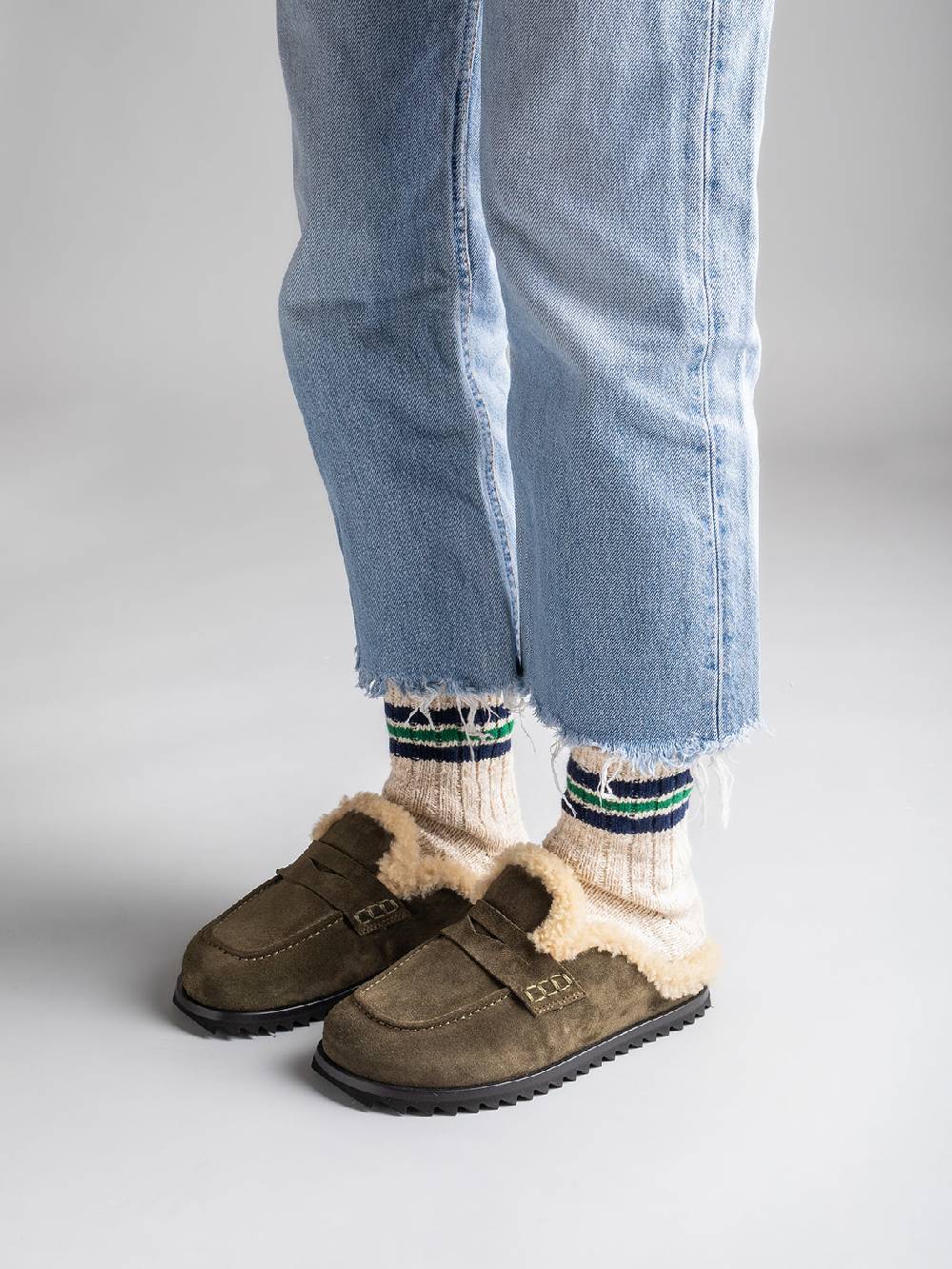 Officine Creative PELAGIE D’HIVER 007 Sabot in Pelle Scamosciata Marrone e montone Offerta speciale della fabbrica