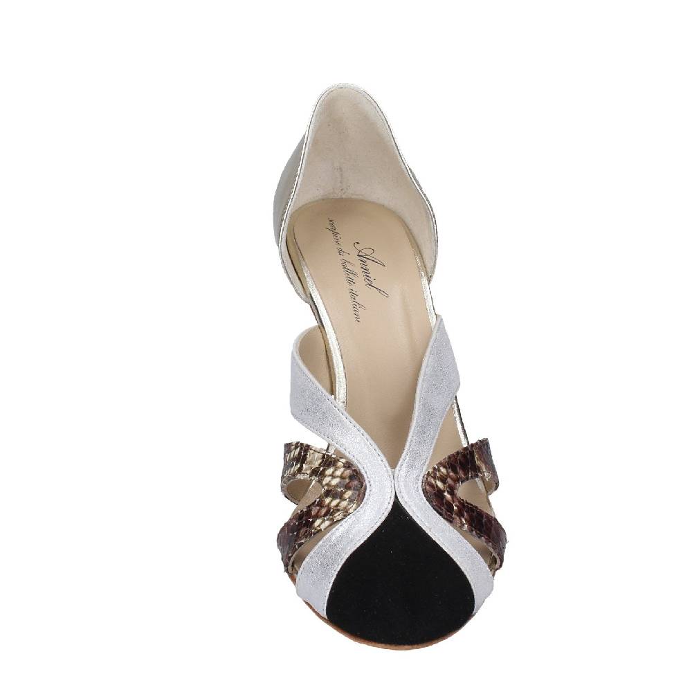 scarpe donna ANNIEL decollete platino pelle nero camoscio EX237 Saldi