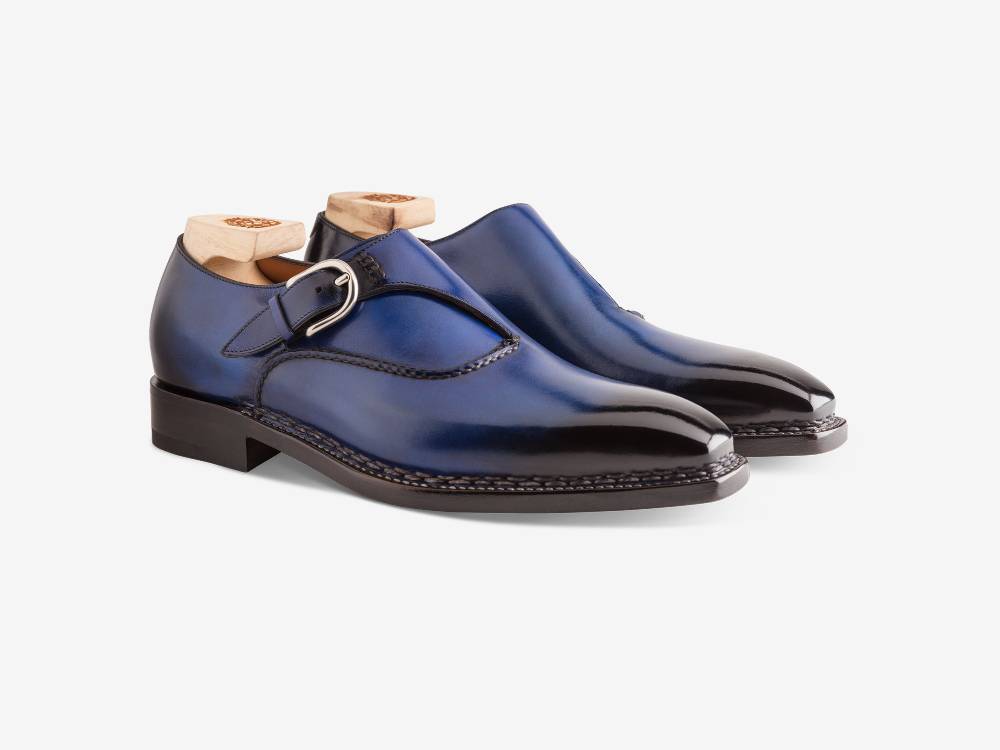 Paolo Sartori Single Monkstrap in Antiqued Cobalto Leather Mono Fibbia in pelle Anticata Cobalto Vendita Calda