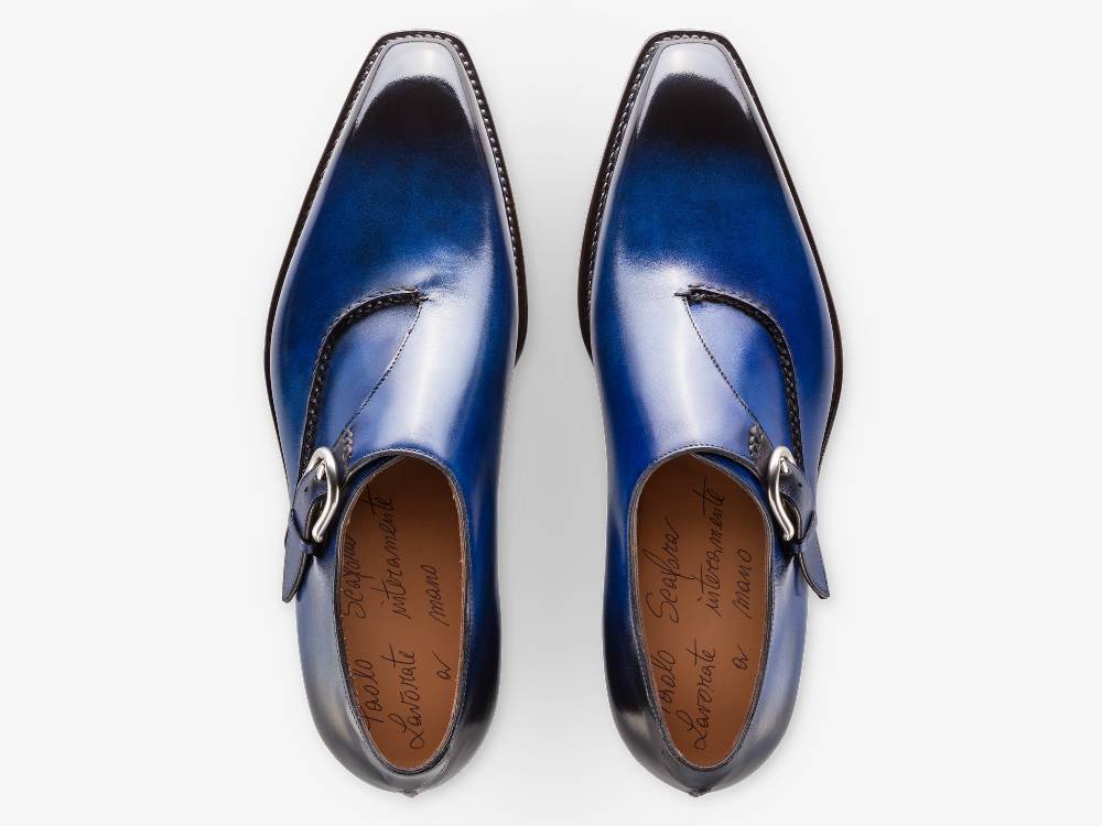 Paolo Sartori Single Monkstrap in Antiqued Cobalto Leather Mono Fibbia in pelle Anticata Cobalto Vendita Calda