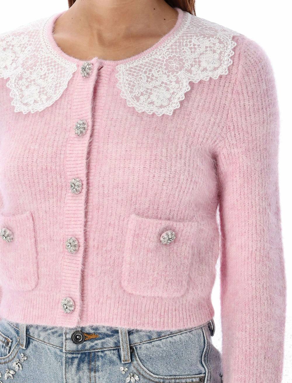 SELF PORTRAIT  Cardigan Angora Rosa con Colletto in Pizzo Self-Portrait Vendita Economica