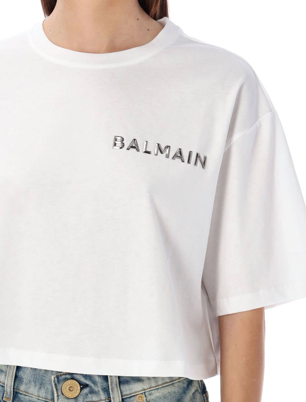 BALMAIN  T-Shirt Corta Balmain con Logo Argento - Cotone Biologico Prezzo Ridotto
