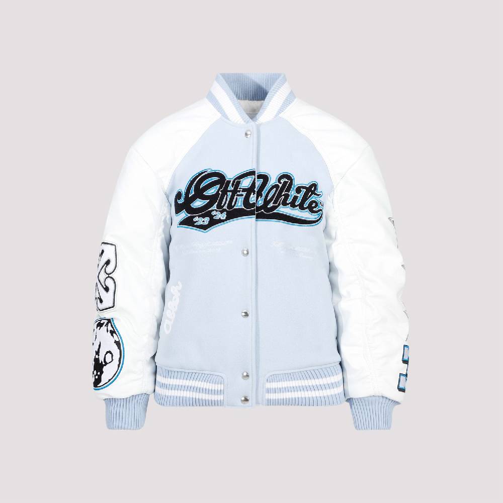 OFF-WHITE  Giacca Varsity in Pelle e Lana Blu Off-White Nuovo