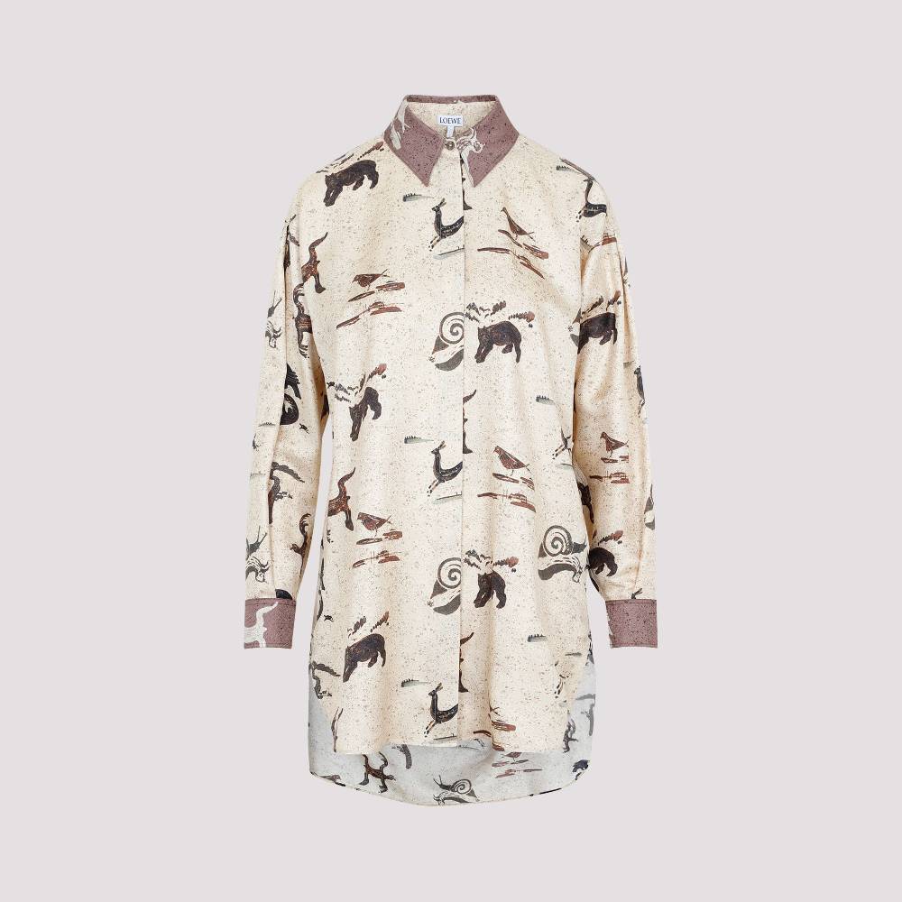 LOEWE  Camicia Oversize da Donna Loewe in Seta Beige con Stampa Animalier Novità