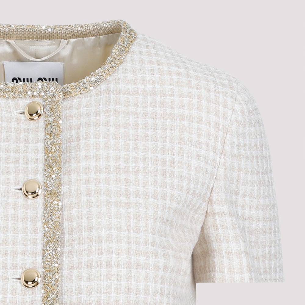 MIU MIU  Giacca in Lana Vergine Pied de Poule Avorio MIU MIU con Bordo di Paillettes 2025