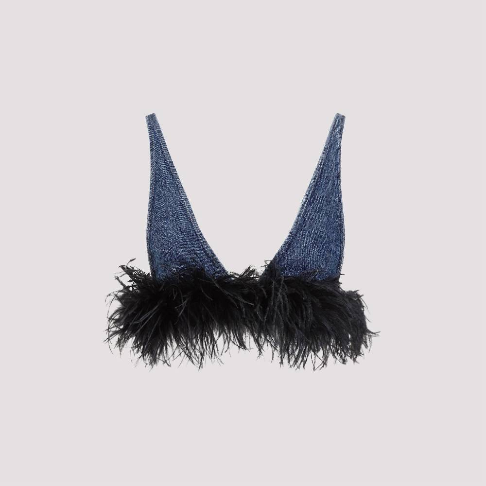 MIU MIU  Top di Cotone Blu con Piume Miu Miu Vendita