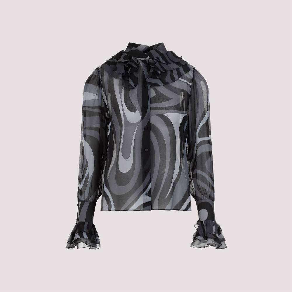 PUCCI  Camicia di Seta Nera Ruches PUCCI - Eleganza Femminile con Fantasia Ondulata Vendita Economica