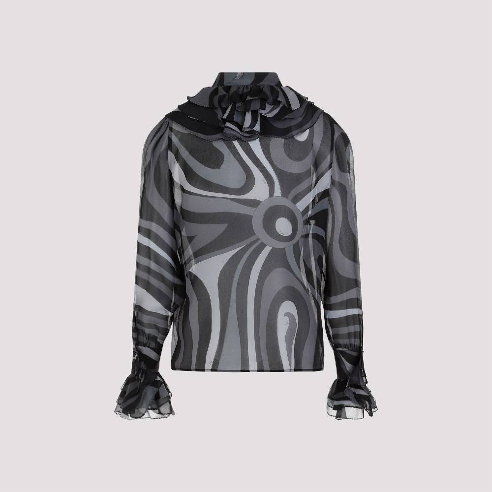 PUCCI  Camicia di Seta Nera Ruches PUCCI - Eleganza Femminile con Fantasia Ondulata Vendita Economica