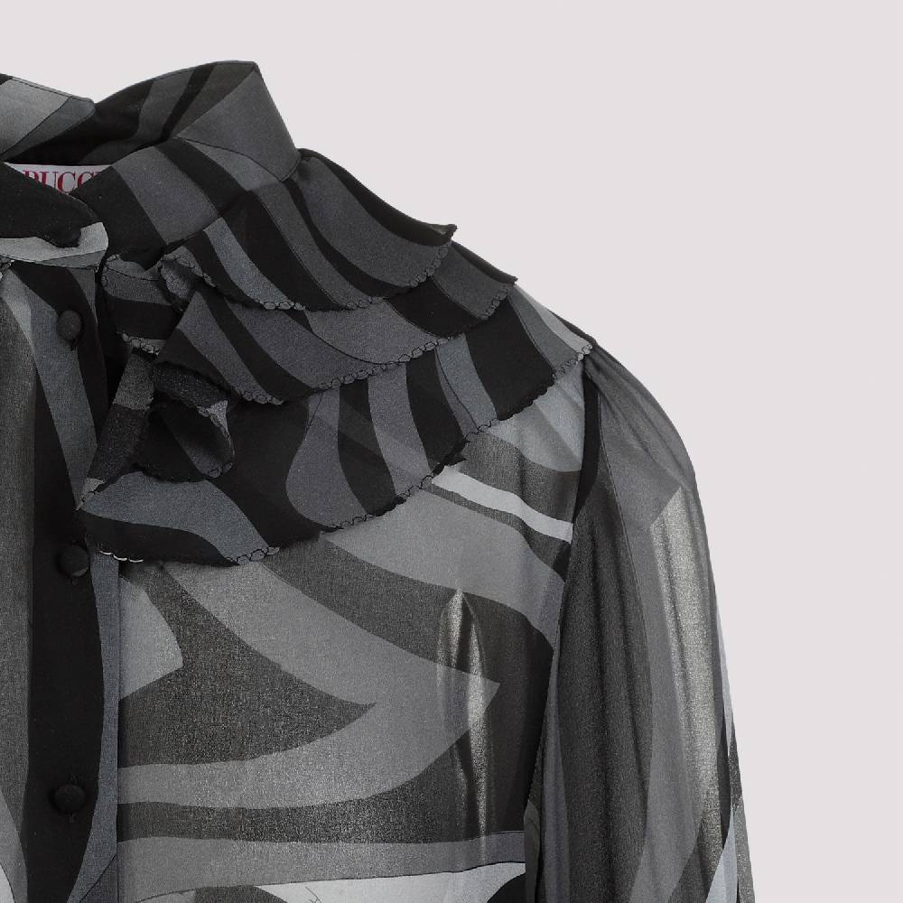 PUCCI  Camicia di Seta Nera Ruches PUCCI - Eleganza Femminile con Fantasia Ondulata Vendita Economica