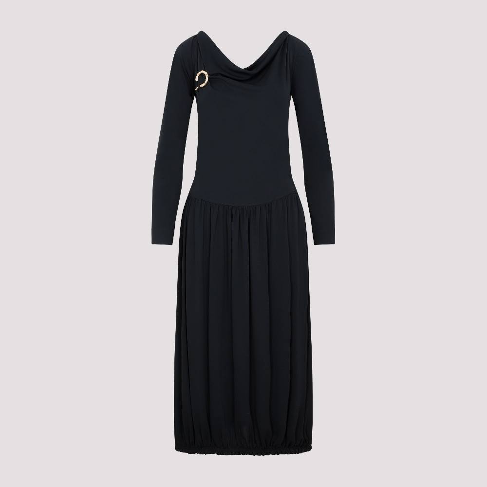 LANVIN  Abito Midi Drappeggiato Nero LANVIN con Spilla Saldi Di Fabbrica