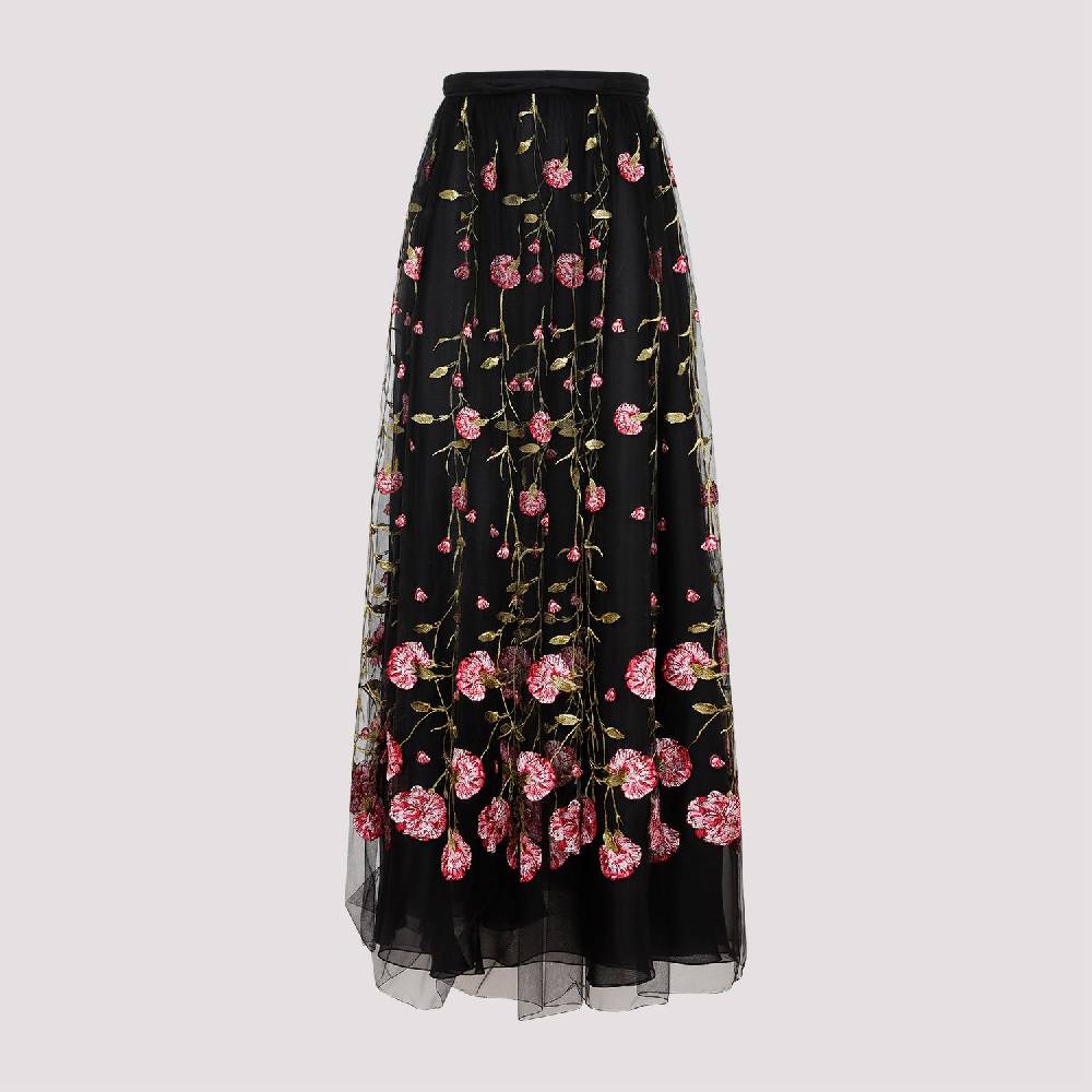 GIAMBATTISTA VALLI  Gonna Midi in Tulle Nero Ricamato con Rose di Giambattista Valli 2025